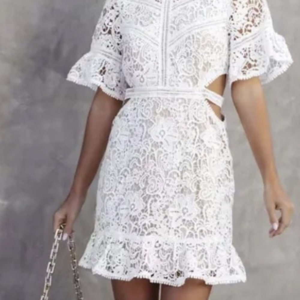 Vici -  Sweetest Escape Floral Crochet Cutout Mini Dress - White - Small